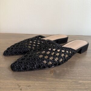 Joie Womens 7.5M Black‎ Faux Leather Behold Slip On Pointy Toe Mules Flats Shoes